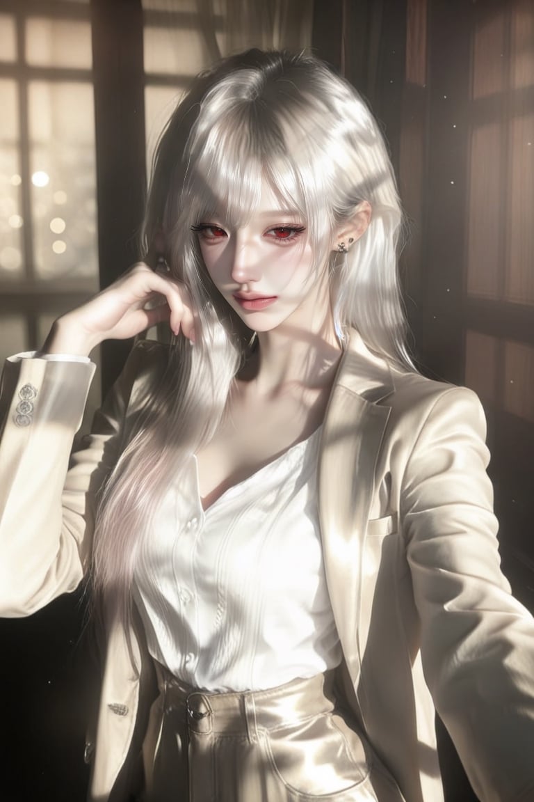 1 girl,  woman,  solo. pixie mullet ( white hair ) Red eyes. ( Large irises ) Blazer Wide-leg pants Sharp by Ốc on Tensor.Art