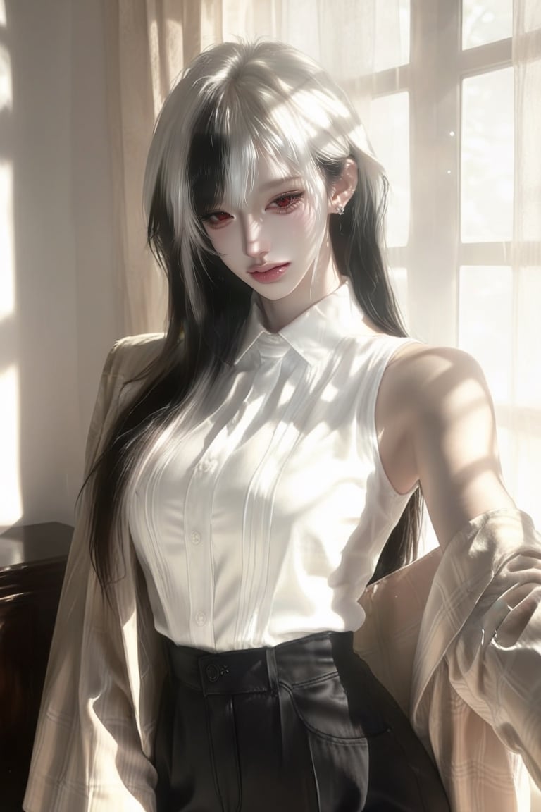 1 girl,  woman,  solo. pixie mullet ( white hair ) Red eyes. ( Large irises ) Blazer Wide-leg pants Sharp by Ốc on Tensor.Art