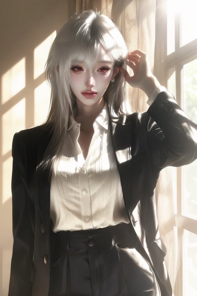 1 girl,  woman,  solo. pixie mullet ( white hair ) Red eyes. ( Large irises ) Blazer Wide-leg pants Sharp by Ốc on Tensor.Art