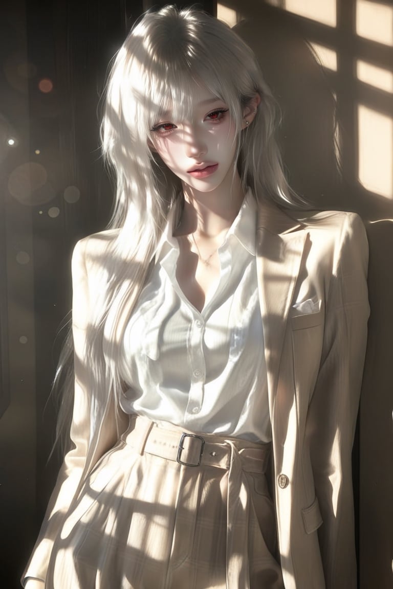 1 girl,  woman,  solo. pixie mullet ( white hair ) Red eyes. ( Large irises ) Blazer Wide-leg pants Sharp by Ốc on Tensor.Art