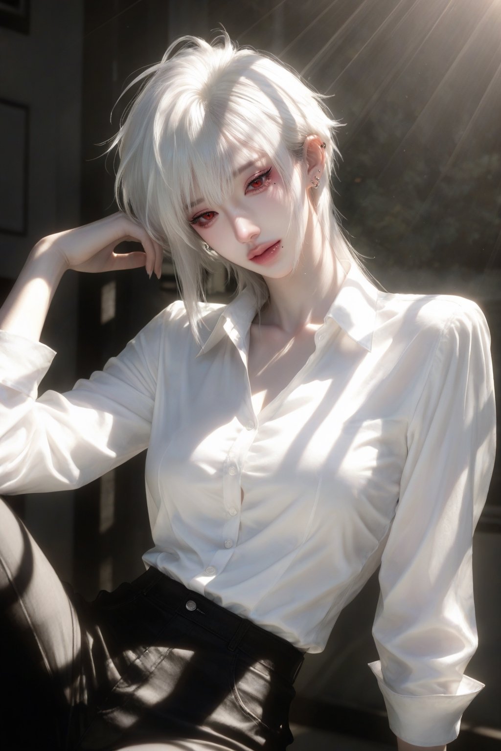 1 girl,  woman,  solo. pixie mullet ( white hair ) Red eyes. ( Large irises ) A shirt with the top two buttons undone Wide...