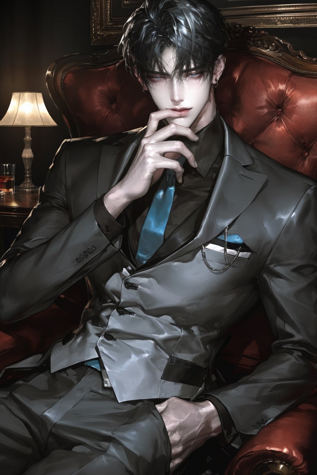 He is a strikingly handsome man with chin-length,  jet-black hair that frames his face perfectly. His sharp,  gray-blue ey...