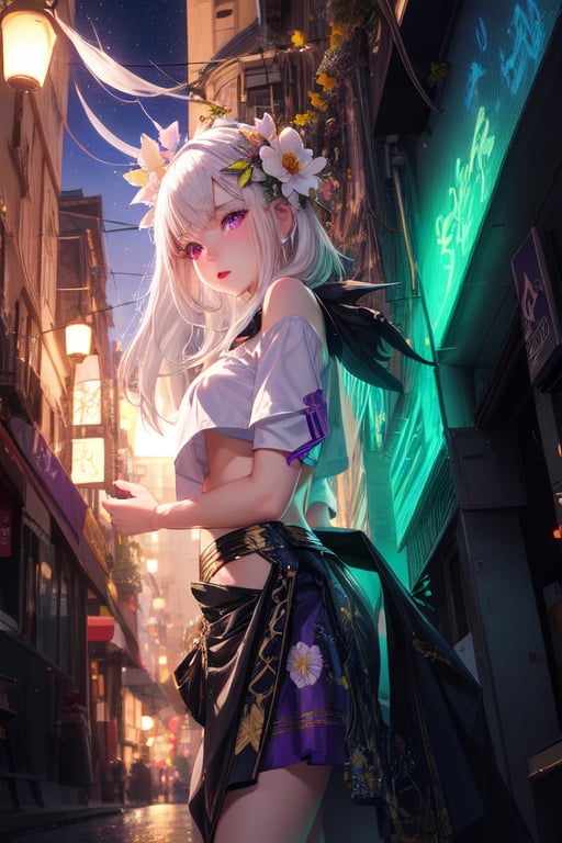 realistic, 1girl, white hair, purple eyes, glowing eyes, crop top, skirt, parted lips, blush, night, flowers, sun, sunlight,
