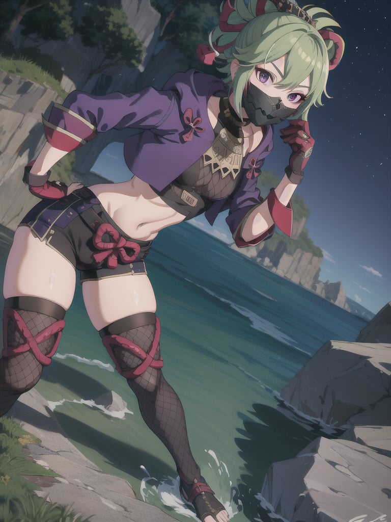 masterpiece, best quality, KShinobuV4, 1girl, solo, breasts, looking at viewer, thighhighs, gloves, navel, hair between eyes, standing, outdoors, standing on stone, sea, water, night, jacket, cowboy shot, from above, shorts, midriff, stomach, armor, crop top, hand on hip, short shorts, mask, black shorts, fishnets, rope, cropped jacket, mouth mask, purple jacket, fishnet top, ninja mask