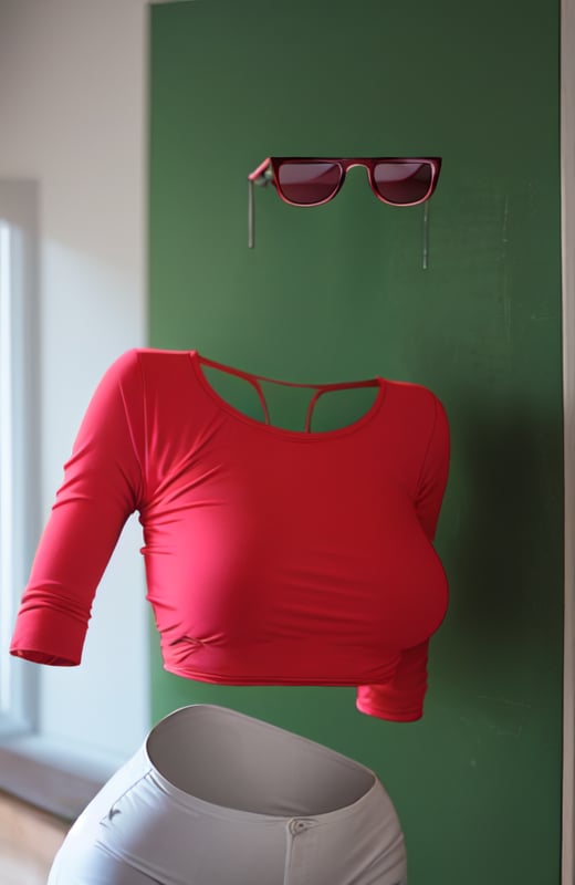 1girl, solo, upper body, looking at viewer, large breasts, tight, faceless, mature female, invisible, teacher, red sunglasses, ((((no humans)))), (headless), amputee, quadruple amputee, school,