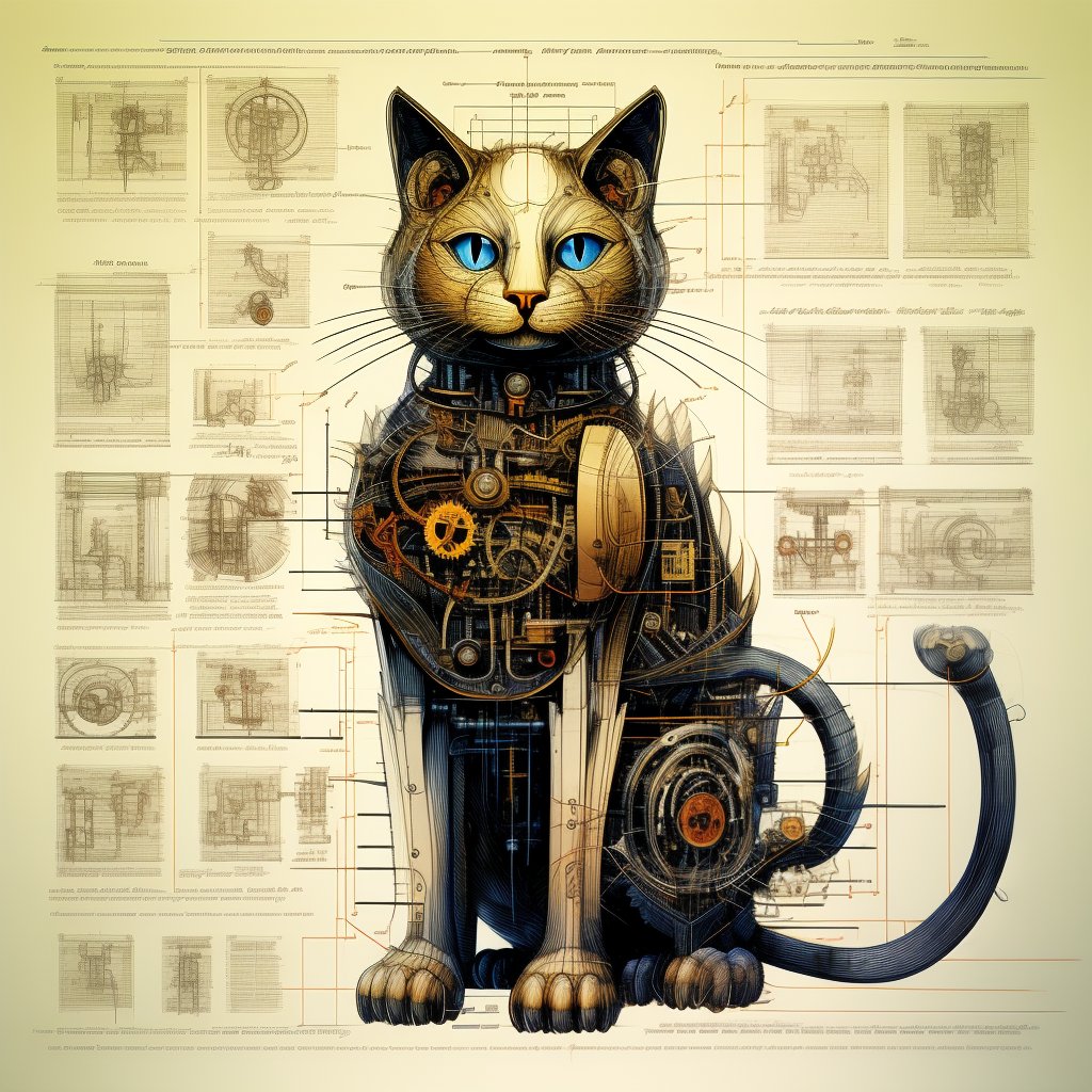 Poster of a mechanical cat, techical Schematics viewed from front.