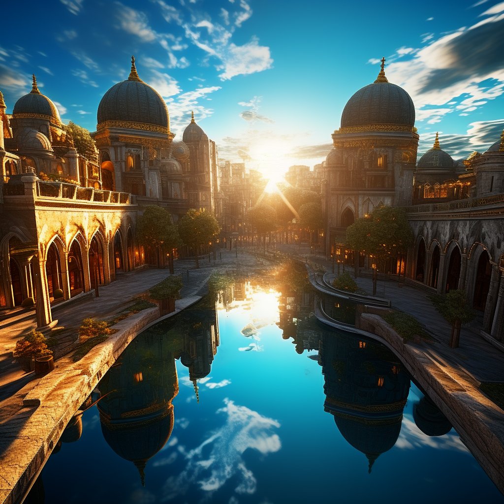 Bright scene, aerial view,ancient city, fantasy, gorgeous light, mirror reflection, high detail, wide angle lens.