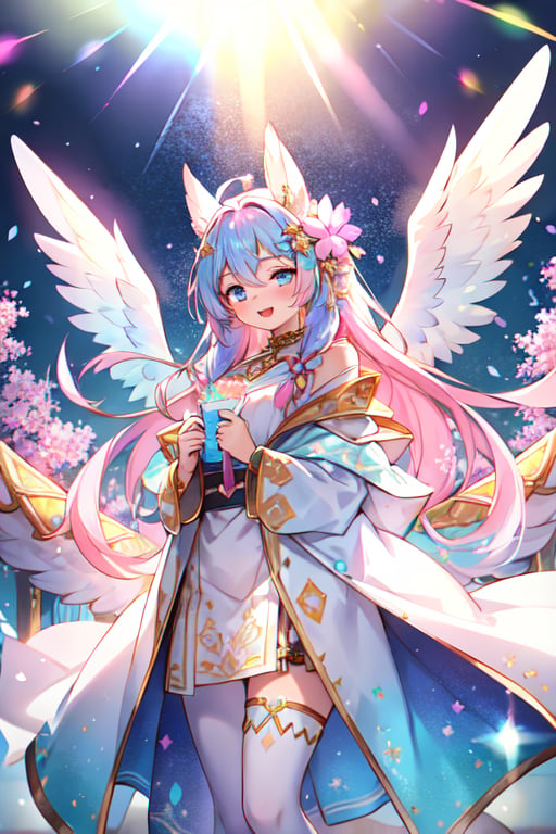 furry,girl,cute,masterpiece, best quality, 1 male, adult, tall muscular, handsome, pastel color long hair, fantasy, complex pattern, detailed face, angel wings, lens flare, colorful, glow white particles, white robe, gold bracelets and accessories, prism, glowing, glitter, particles, bloom, likes to celebrate and have fun, enjoys nature, bright and optimistic outlook, creative and adventurous spirit, represents happiness and harmony