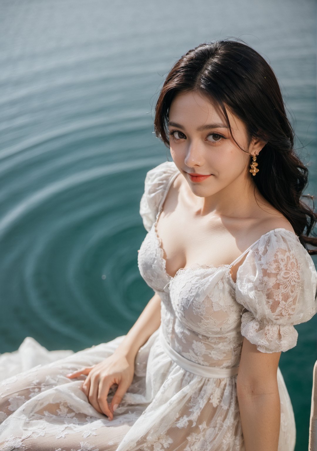 xxmix_girl,  a woman in a dress is leaning over a body of water with her hands on her hips and smiling by Zyx_xx on Tensor...