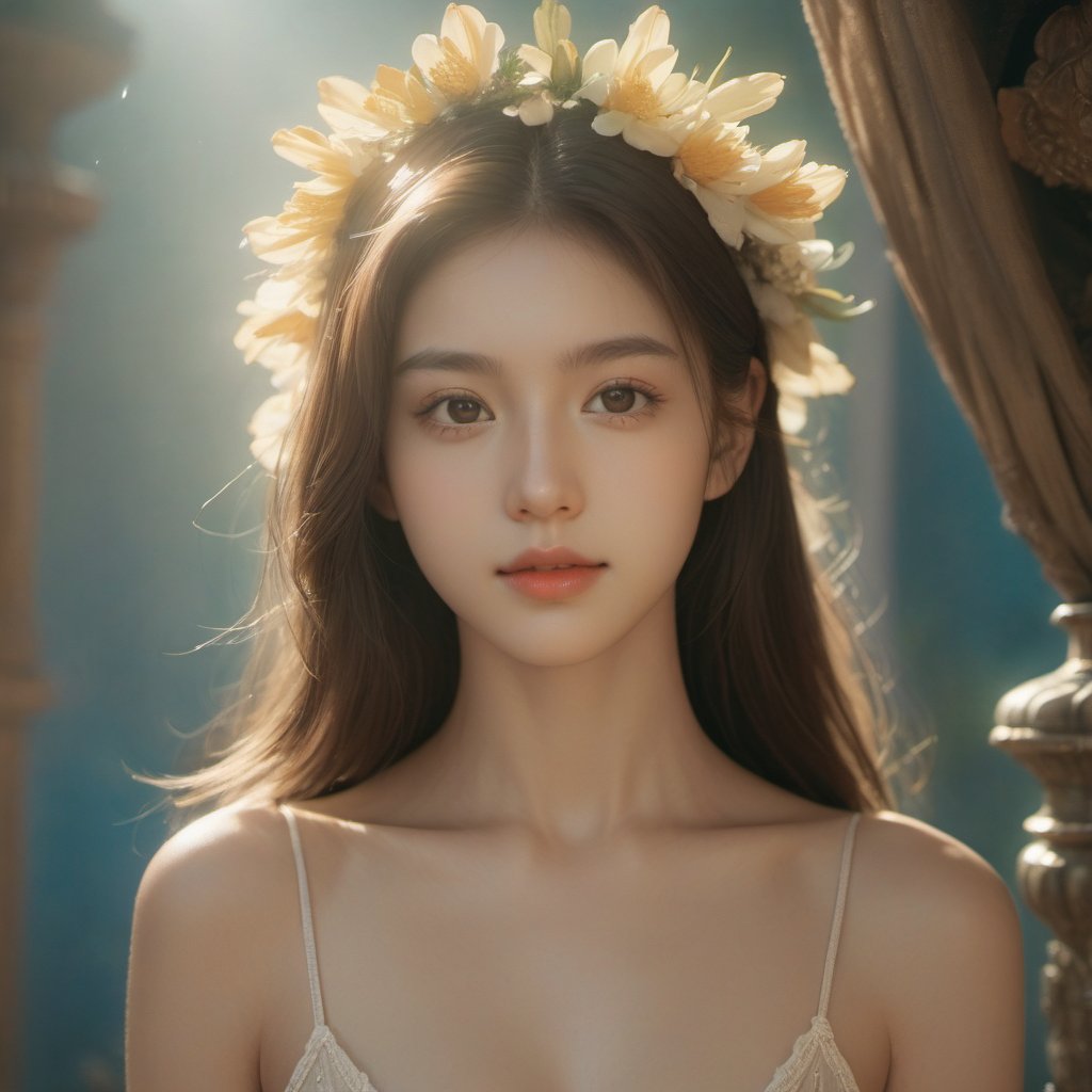 a 18 years old pretty girl with long hair and super cute sundress with a love neckline,  photorealistc,  light smile by Zy...