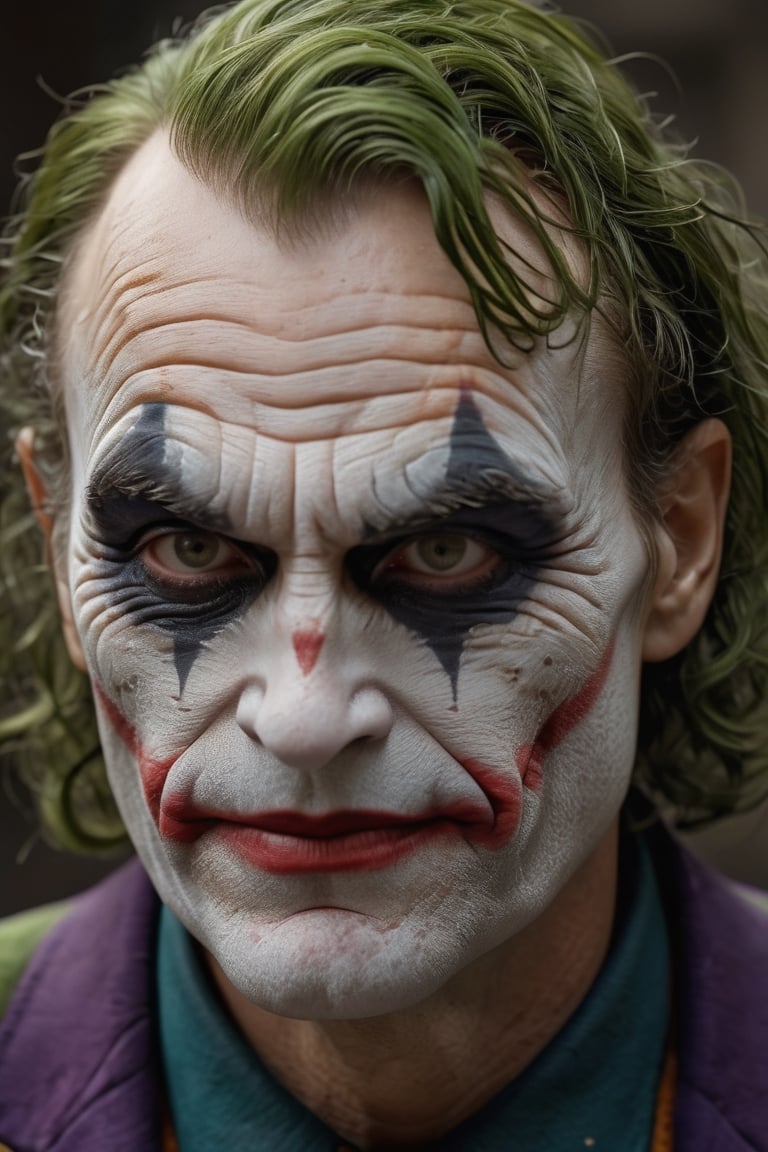 Time-worn Joker, curled up, looks at the lens. The wrinkles and marks on his skin represent a past of sorrows and joys, of lost and forgotten possibilities. His eyes are kind and wise, plagued by fatigue. Around him are trinkets from his quiet workshop. Ultra-realistic, 4K, close-up, gloomy. New age, realistic and detailed background (real photo), ((best quality, intricate details)), [vivid colors], [cinematic lighting], photorealism, highly detailed lifelike skin texture, picture taken with Canon Eos R8, professional photography, HD, 8k, cinematic haze:1.5, photography, ((masterpiece))