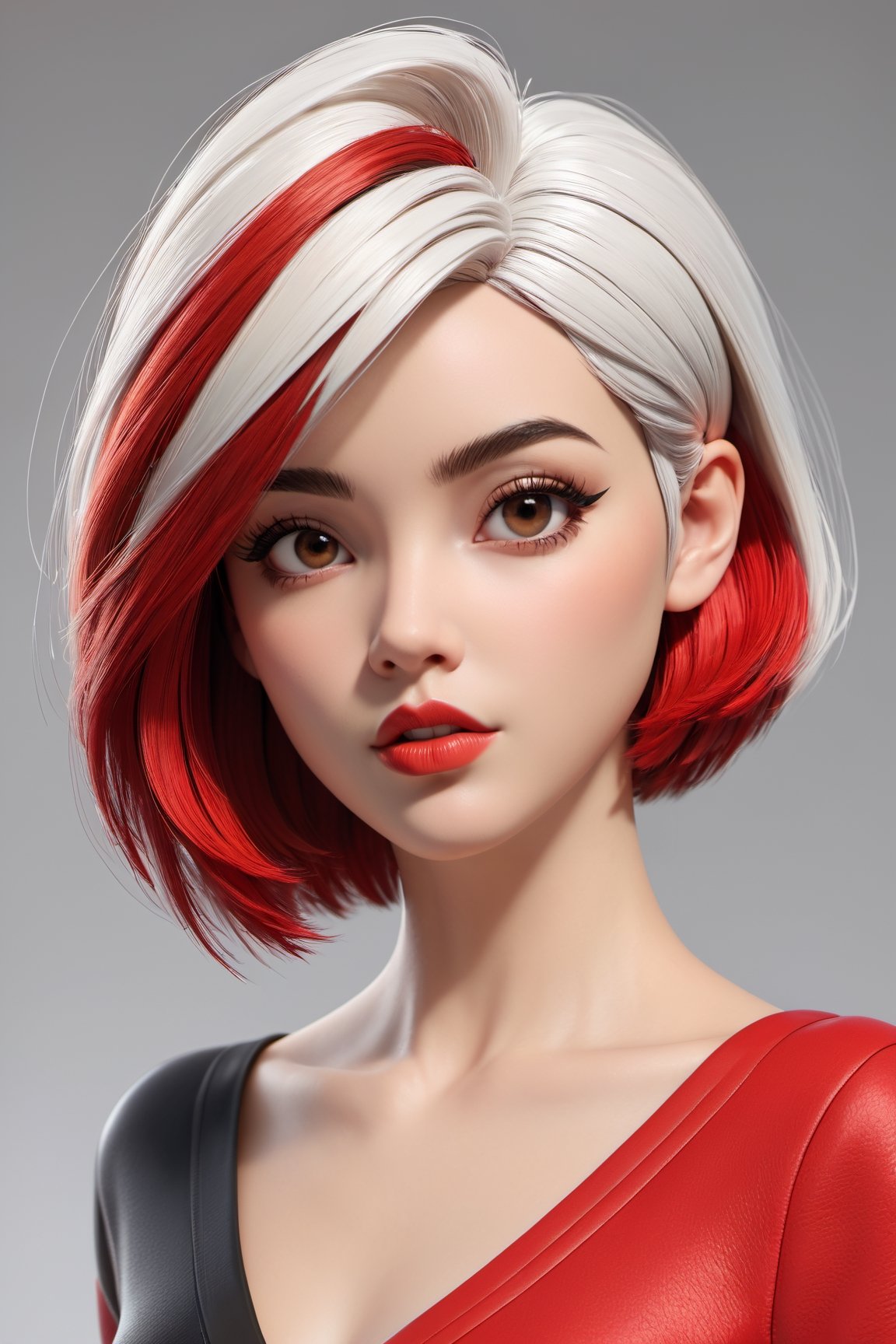 3d toon style,1girl,solo, upper body,looking at viewer, white background, bob cut, short hair, multicolored hair, makeup , parted lips, red lips, eyeliner,