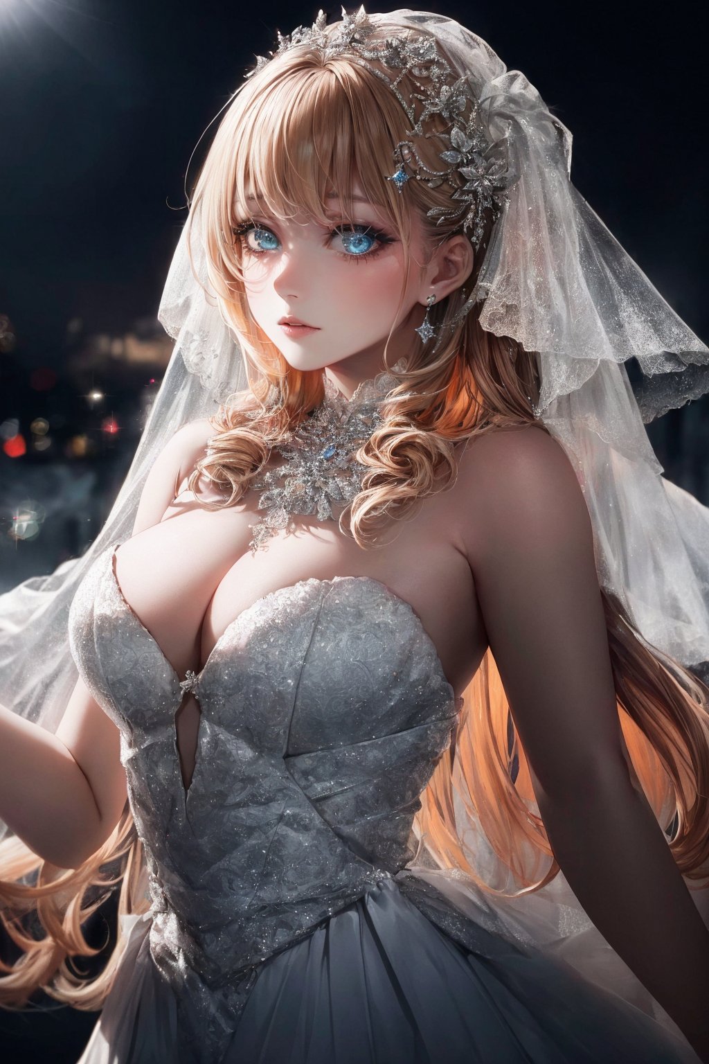 Story, sparkling beautiful eyes, blonde hair, bride posing under a fairy tale, elaborate scene style, glitter, orange, realistic style, 8k,exposure blend, medium shot, bokeh, (hdr:1.4), high contrast, (cinematic, dark orange and white film), (muted colors, dim colors, soothing tones:1.3), low saturation, (hyperdetailed:1.2), (noir:0.4),1 girl,sansan33