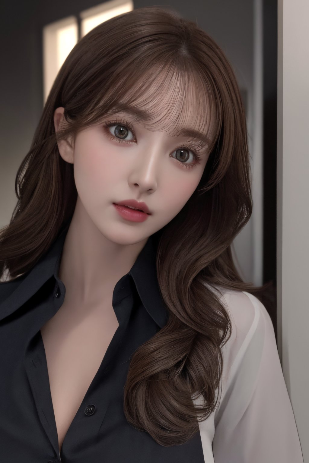 photorealistic, masterpiece, best quality, raw photo, 1girl, biggest breasts, long hair, brown hair, collared shirt, looking at viewer, dynamic lighting, in the dark, deep shadow, low key, intricate detail, detailed skin, pore, highres, hdr, 4k, realistic,sansan33