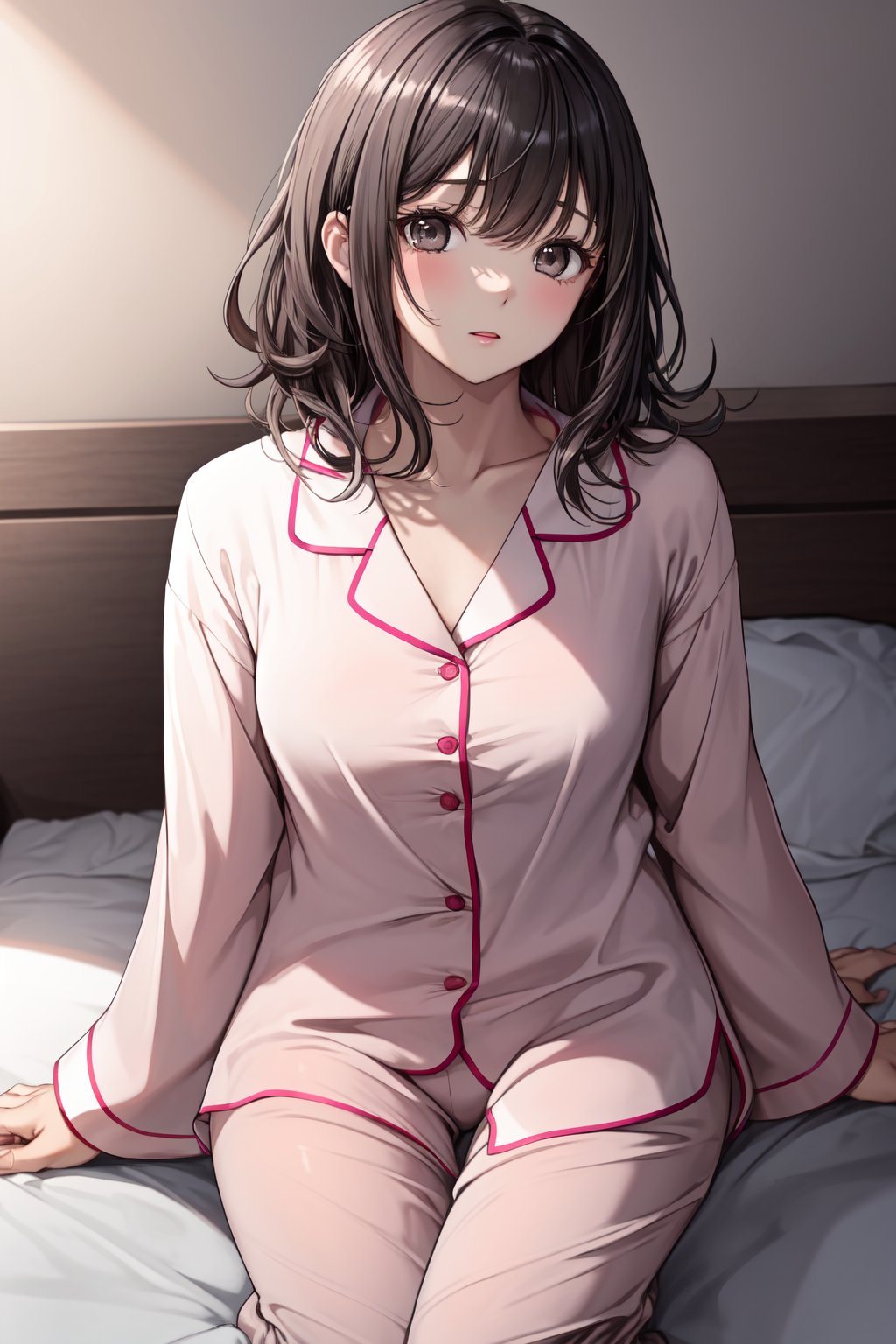 Young woman, gray eyes, medium wavy hair, medium chest,black hair, shoulder length hair, fate/stay background, sitting in bed, cute pijamas, pink clothes, sleepy,HeadpatPOV,sansan33