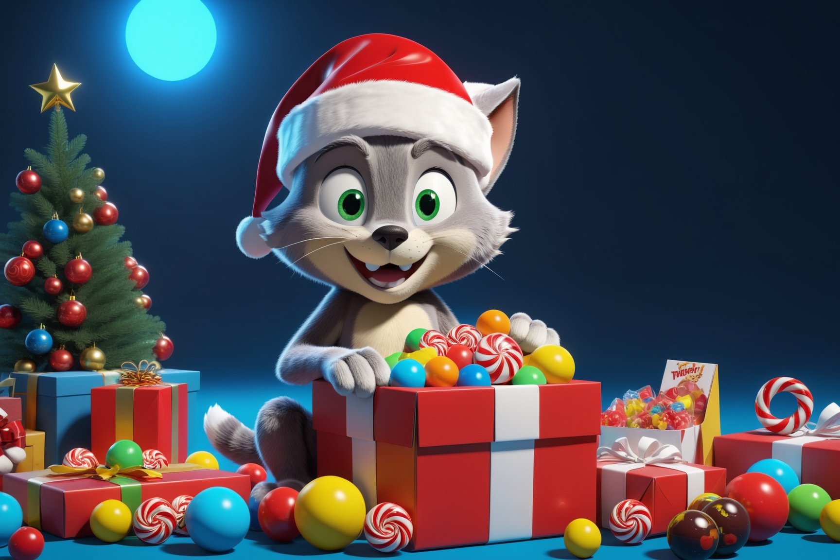 Tom the cat from cartoon "Tom and Jerry "is packing New Year's gifts, wearing a Santa hat on his head, around him there are a lot of candies, toys, bright things, THM style, 3d render