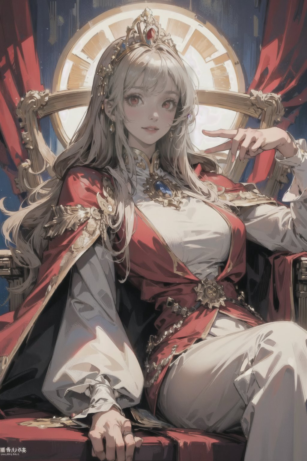 (masterpiece, best quality), 1girl, solo, (the empress:1.15), platinum blonde, long hair, (red cape), Curtain, white dress, queen dress, aurora, (sunshine, sky, river, forest), expressionless, red eyes, very long hair, (art nouveau:1.2), alphonse mucha, tiara, (face focus, upper body), sit, (red throne:1.12), tiara, crossing legs, highly intricate details, realistic light, smile,sansan33