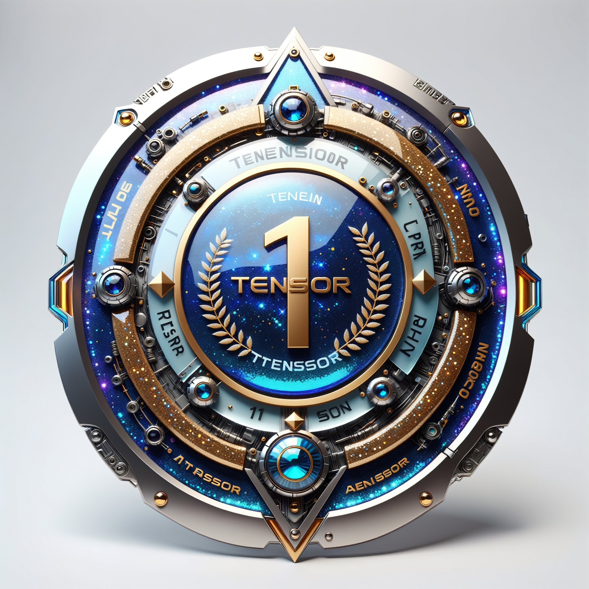 generate a modern badge made of glass,  with text "1 TENSOR.ART",  high detail by MazVer on Tensor.Art