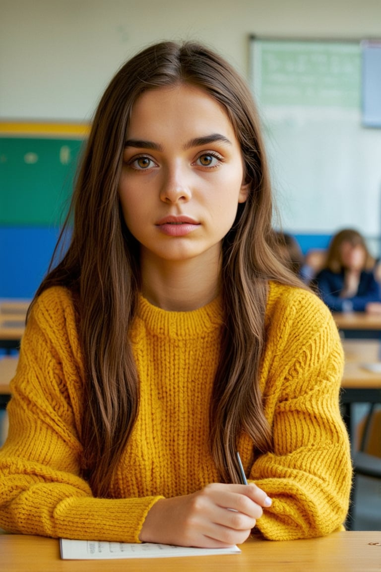 beautiful 18-year-old student girl with alluring eyes on classroom,  cute pose,  super model by MazVer on Tensor.Art