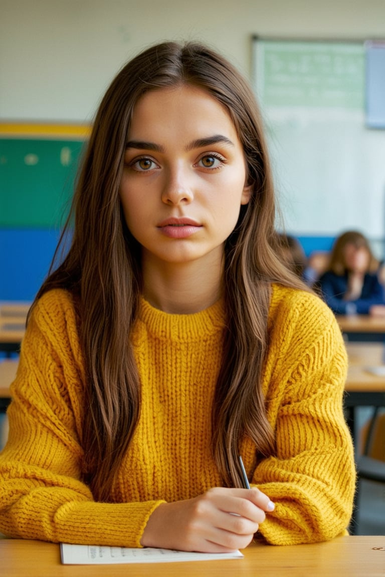 beautiful 18-year-old student girl with alluring eyes on classroom, cute pose, super model, cinematic shot in the style of denis villeneuve, (looking at viewer), masterpiece