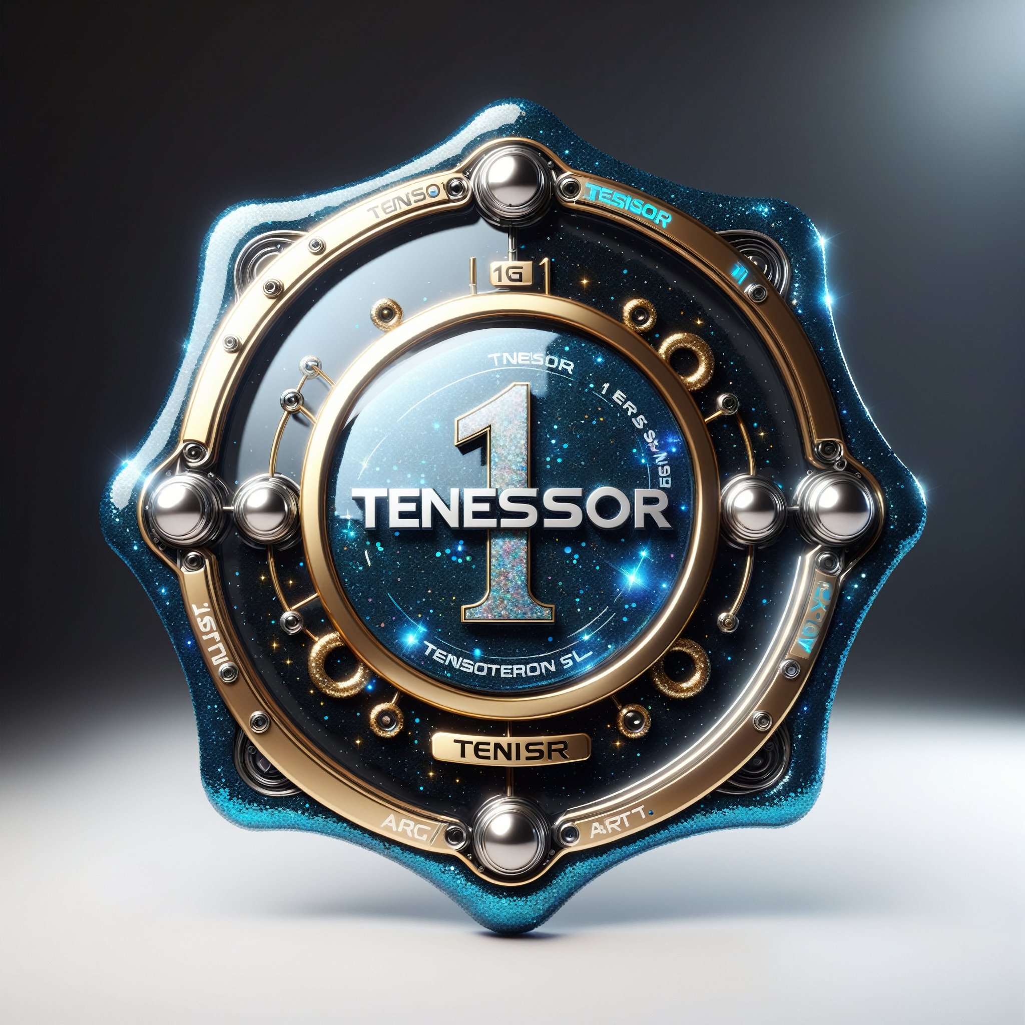 generate a modern badge made of glass,  with text "1 TENSOR.ART",  high detail by MazVer on Tensor.Art