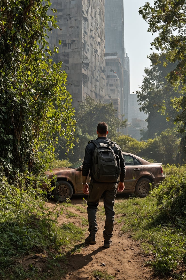 Masterpiece, tack sharp, hyperrealism, no blur, extreme photo realism, max sharpness, 8 k, high resolution, superior quality, extremely highly detailed and intricate, dramatic lighting, early morning sun slanting through talll wild forest leaves, decaying ruins of a once-grand city, Los Angeles, Hollywood bowl, man walking  away looking up, full body shot showing entire body from head to feet, the skyscrapers are shattered and covered with ivy and wild flowers, everywhere rusted modern cars, dirty tired dishelved man wearing mad max post apocalyptic clothing with a backpack walking past a rotten car looking up at the crumbling ruins of the overgrown city skyscrapers, show his full body, head to toe, birds flying in distance, overgrown with vegetation.