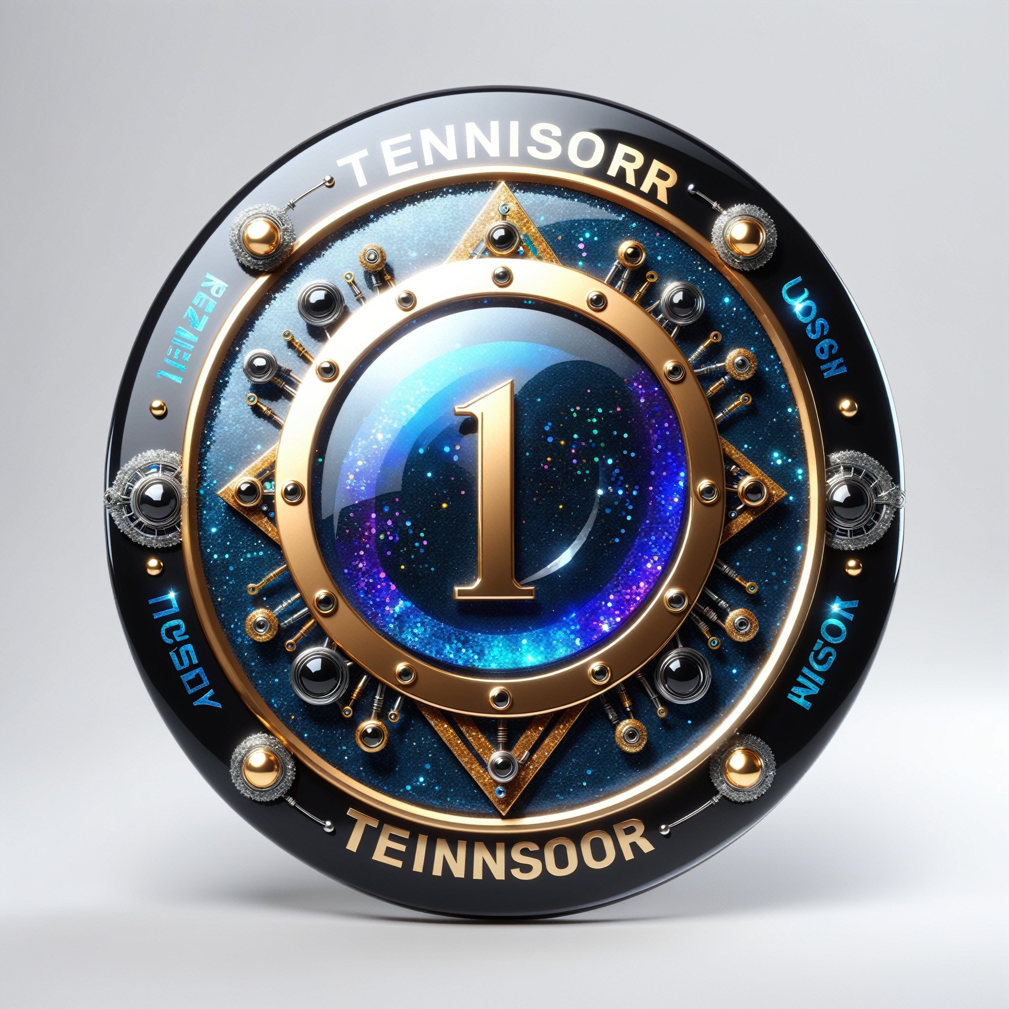 generate a modern badge made of glass,  with text "1 TENSOR.ART",  high detail by MazVer on Tensor.Art