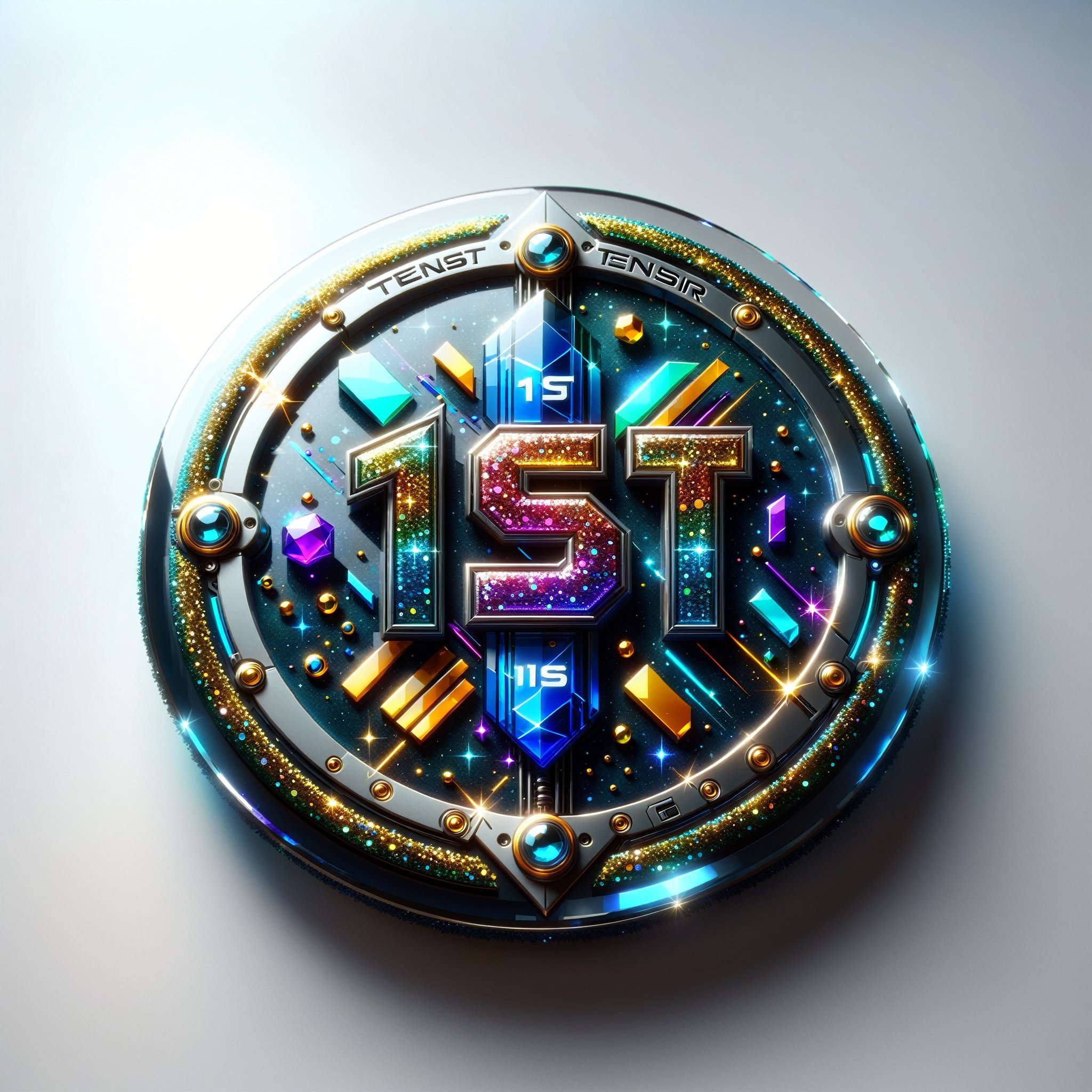 generate a modern badge made of glass,  with text "1st",  text "TENSOR.ART" by MazVer on Tensor.Art