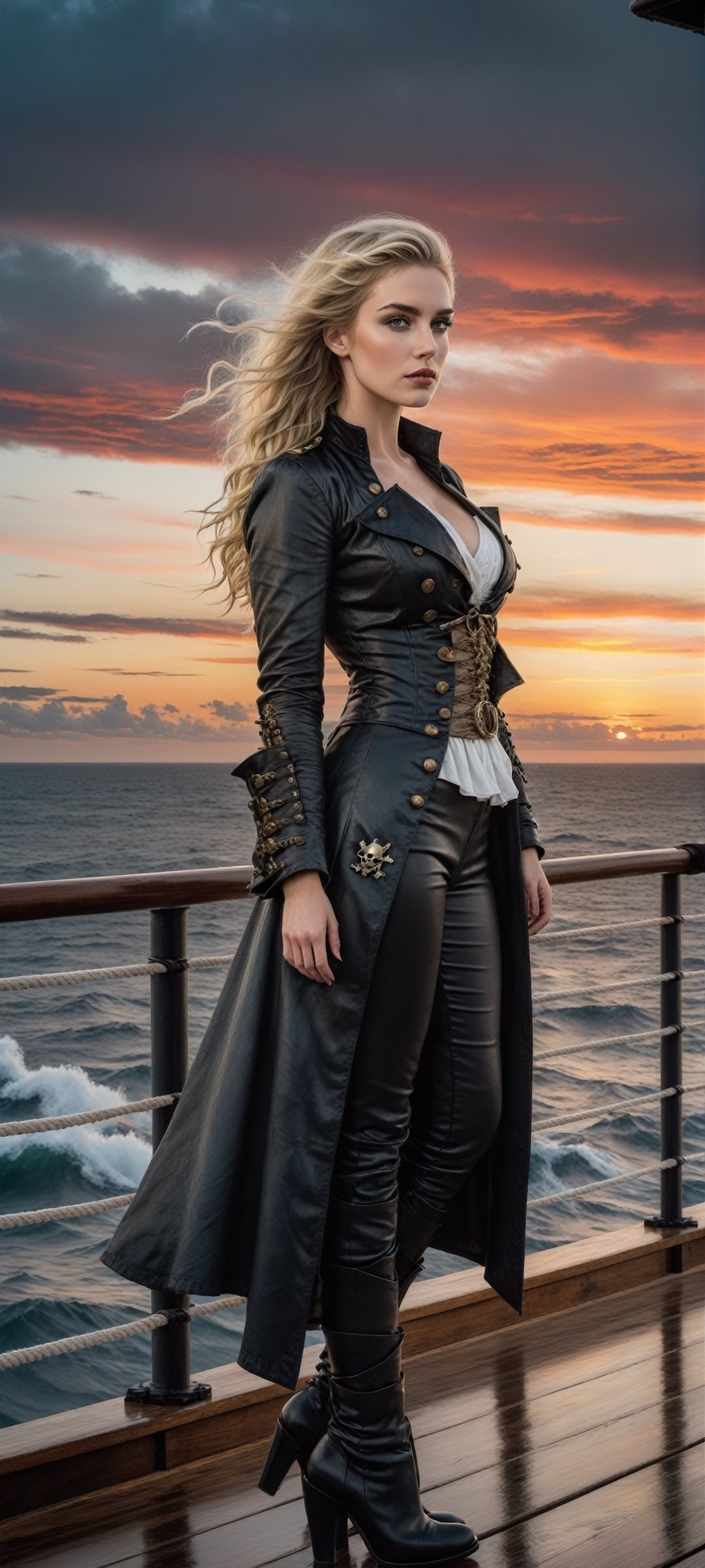 A modern twist on a classic pirate scene,  featuring a dark and moody watercolor style. The focal point is a fierce blonde...