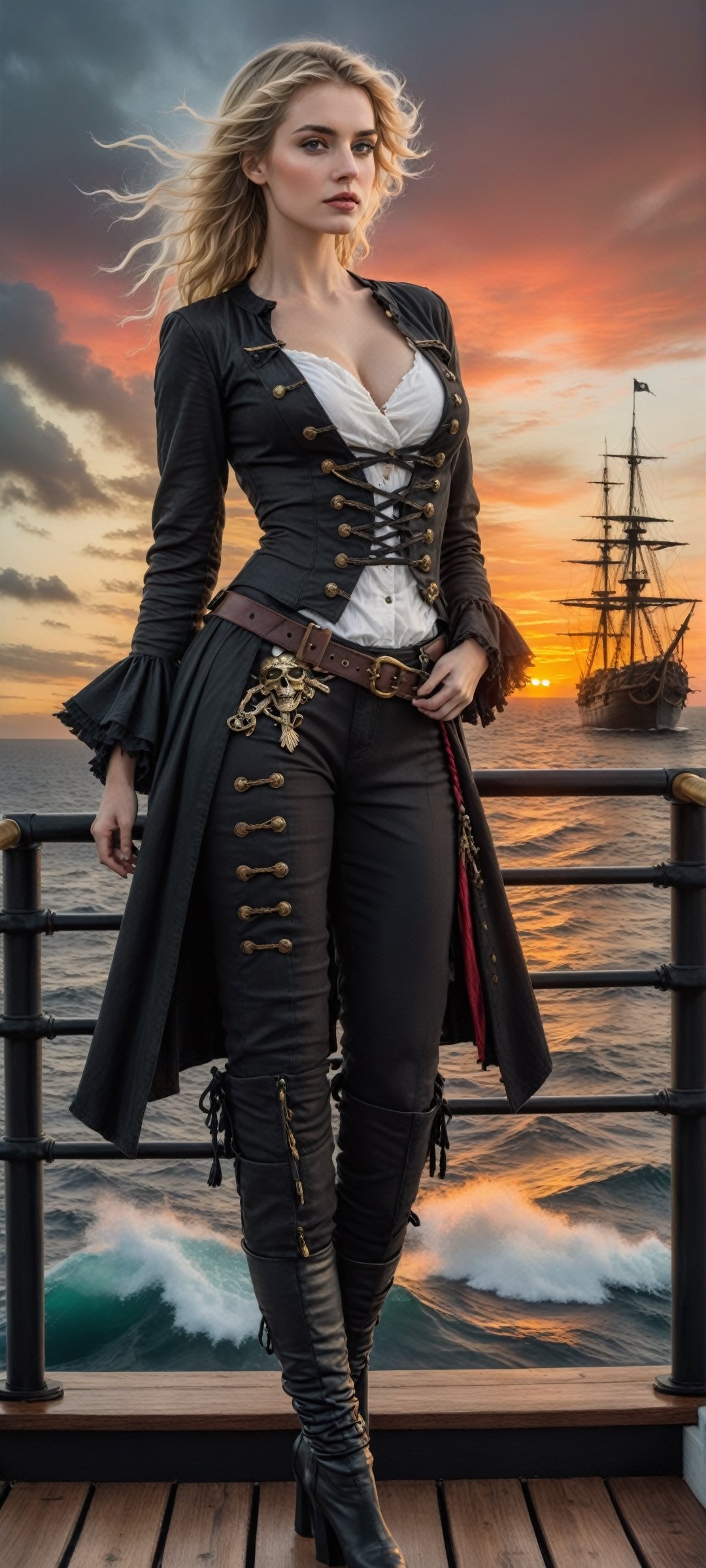 A modern twist on a classic pirate scene,  featuring a dark and moody watercolor style. The focal point is a fierce blonde...