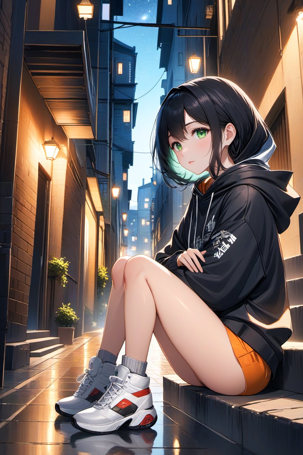 masterpiece, best quality, high resolution, 8k, 1girl, solo, black hair, hoodie, sitting, city alley, steps, night, (Highest quality) (exquisite and detailed artwork), (anime-style illustration), (captivating girl), (serene and contemplative scene), (cityscape at night), (urban and dynamic backdrop), (glowing and vibrant city lights), (reflecting on the quiet beauty of the night), (intricate character design), (fine art aesthetics), (soft and atmospheric lighting), (dazzling and expressive eyes), (flowing and stylish hair), (meticulous rendering of textures and materials), (breathtaking composition), (conveying a sense of calm and introspection), (blending character and city seamlessly), (capturing the essence of urban tranquility), (resembling an artful masterpiece), (suitable for framing and display)