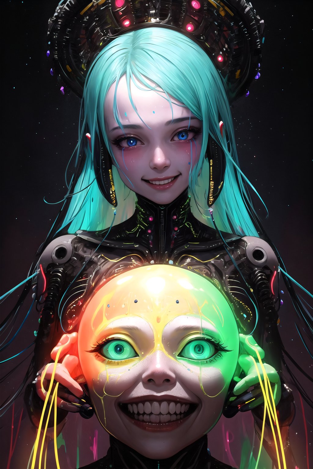 impossibly beautiful portrait of alien shapeshifter entity, insane smile, intricate complexity, surreal horror, inverted neon rainbow drip paint, trending on art station, photoreal, 8 k, octane render by greg rutkowski
