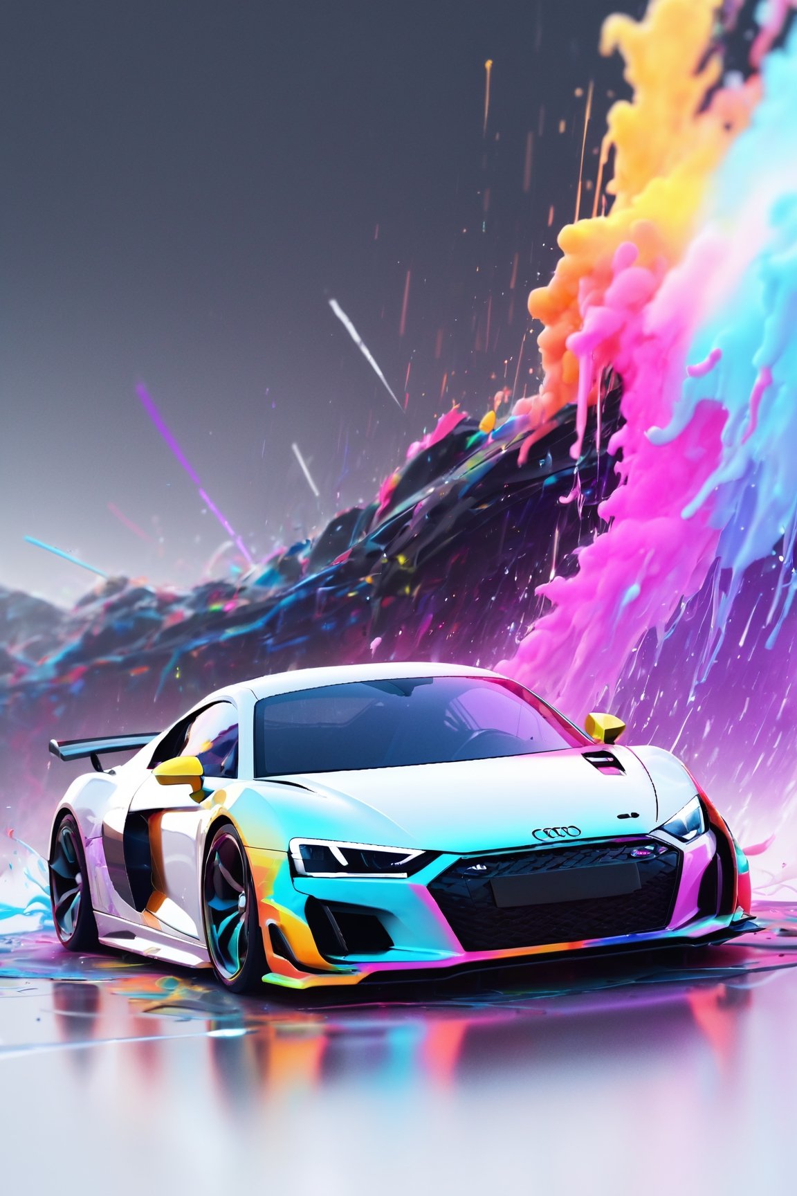 Cyber car Audi R8, fantasy world, dark background, overwatch, clean design, epic Instagram, artstation, splash of colorful paint, contour, hyperdetailed intricately detailed, unreal engine, fantastical, intricate detail, splash screen, complementary colors, fantasy concept art, 8k resolution, deviantart masterpiece, oil painting, heavy strokes, paint dripping,(isolated on white background:1.3), rainbow skin, depth of field, style of Alena Aenami, tracers, vfx, splashes, lightning, light particles, electric, glitch fx, white background,modernstyle,toitoistyle,ExStyle