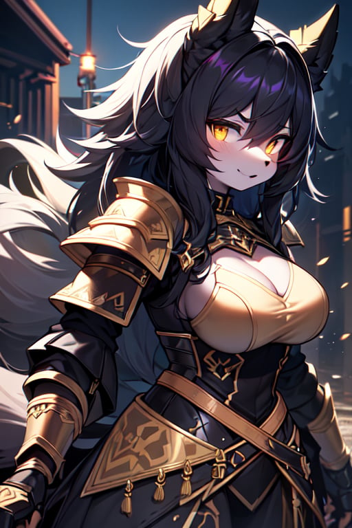 furry, black fur, night, glowing hairs, breasts, black armor, gold elements on armor