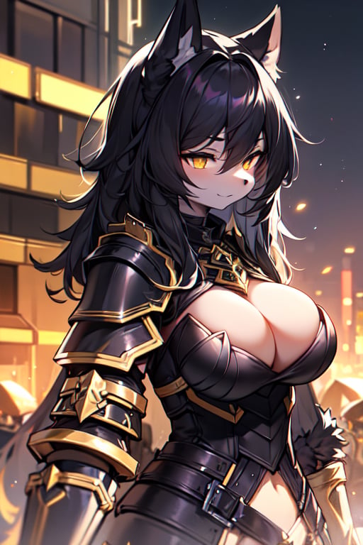 furry, black fur, night, glowing hairs, breasts, black armor, gold elements on armor