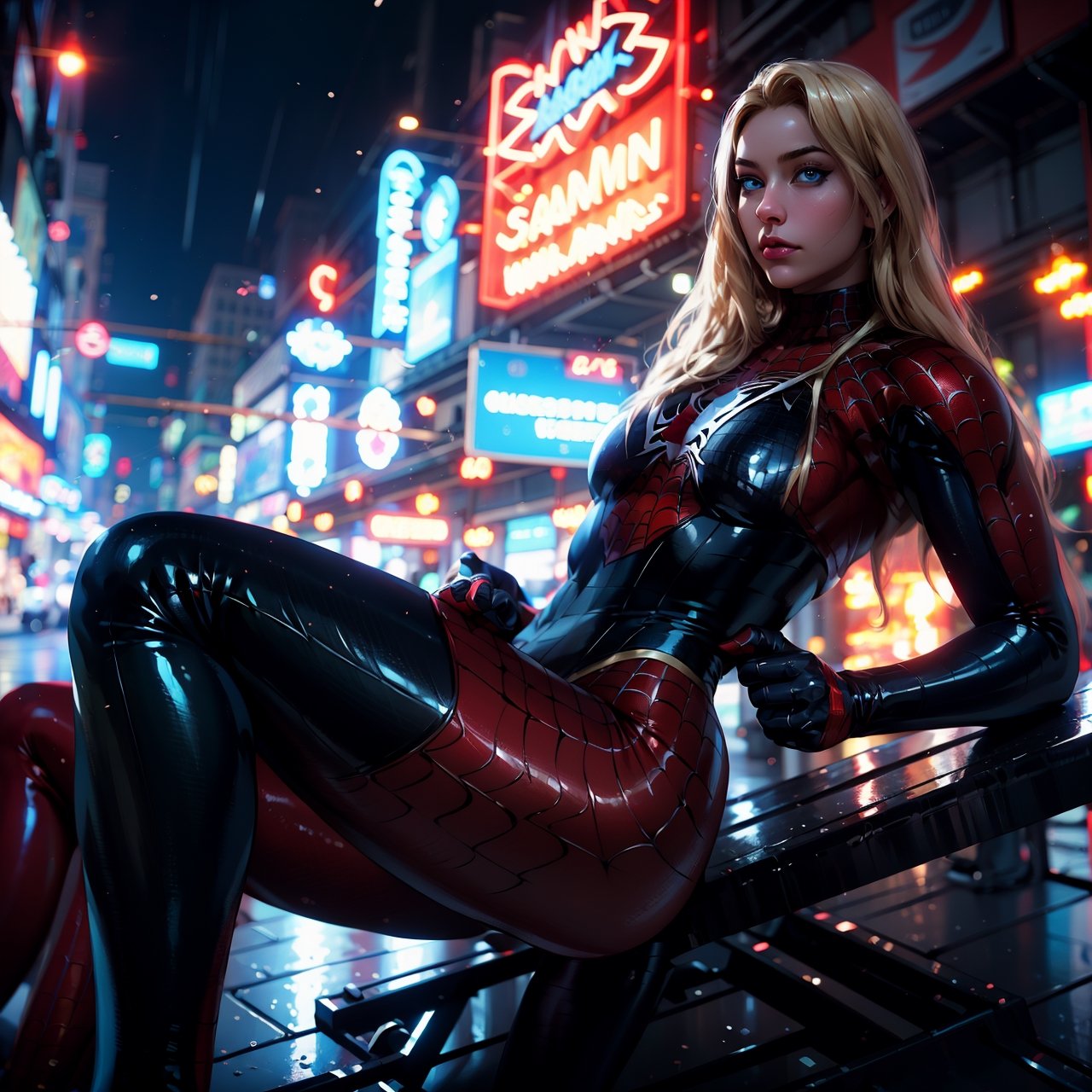 8k, high quality, high rise panties, stunning hourglass figure, long golden silky hair, toned body, blonde hair, supermodel, big blue eyes, subsurface scattering, professional quality, 8k resolution, RAW photo, small breasts, glistening skin, stunning toned woman, neon signs, cyberpunk city, night city background, glowing, amazing detail, intricately detailed, bright lighting, spiderman costume, tight latex suit, costume, spiderman, black spiderman costume, at the gym, sitting on a gym bench, professional lighting, hyperdetailed, 