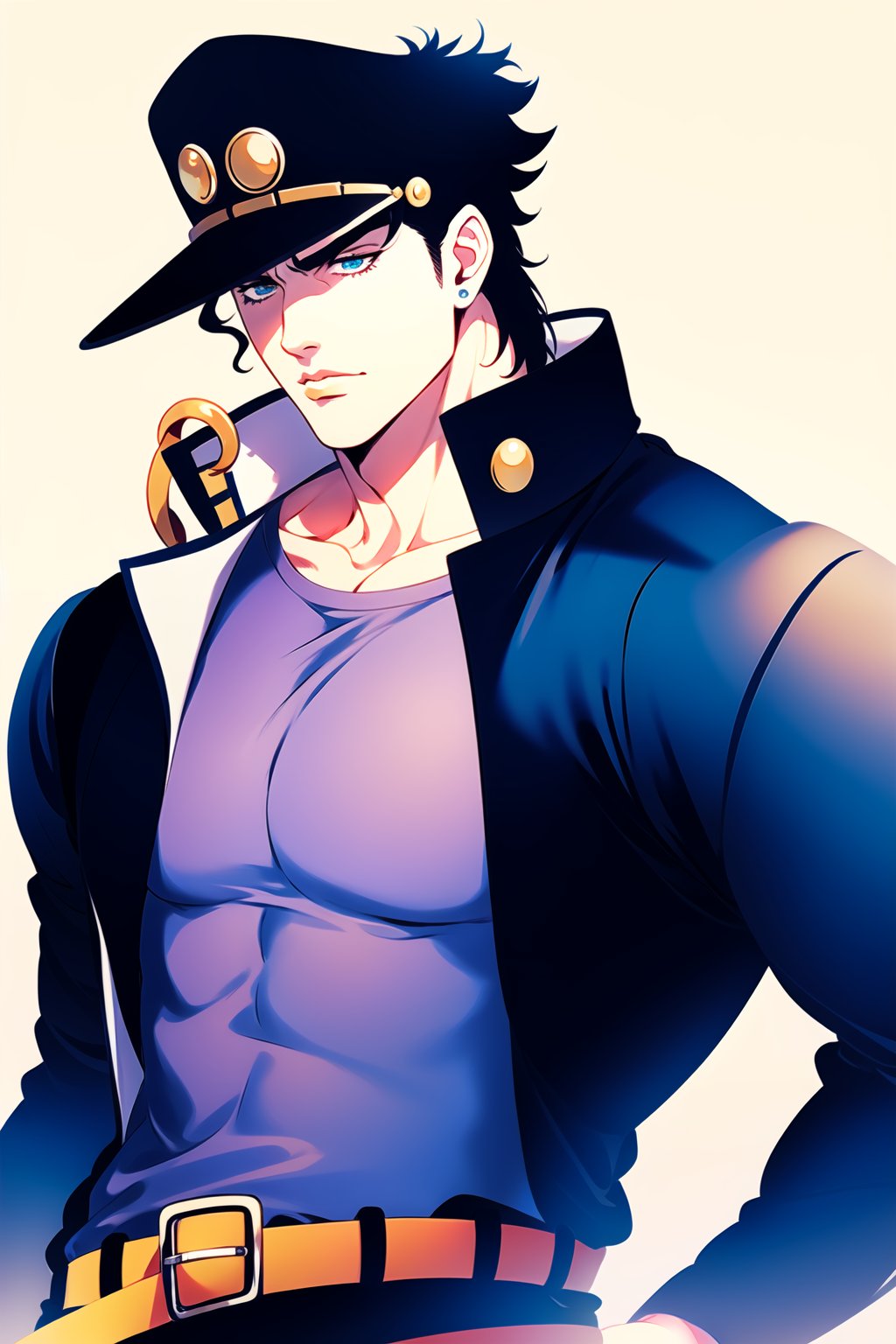 watercolor, traditional art, anime, 1boy, kujo jotaro, blue green eyes, big chain, BREAK perfect face, male focus, solo, upper body, long coat, muscular, male focus, shirt, belts, dramatic, masculine,