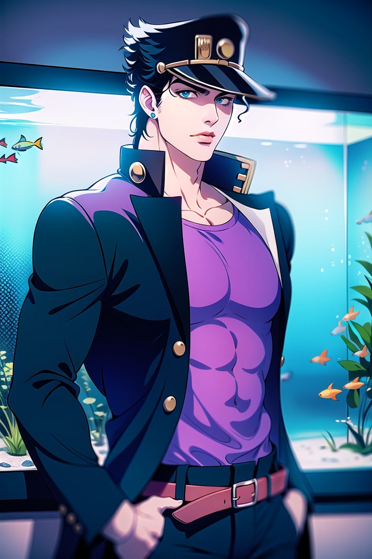 kujo jotaro, blue green eyes, big chain, BREAK perfect face, male focus, solo, upper body, long coat, muscular, male focus, shirt, belts, aquarium, fish in background, ethereal, amazing artwork, masterpiece, hi res, 