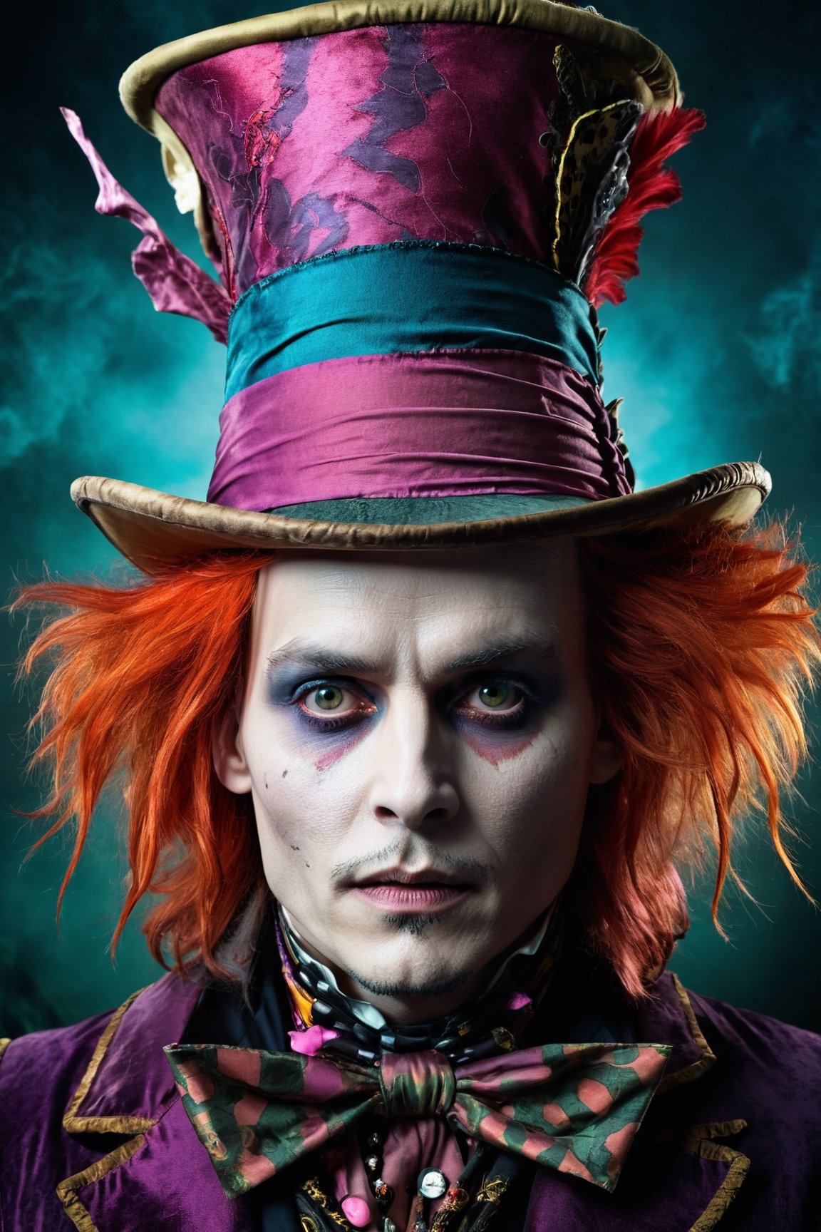 more detail XL,Movie Still,portrait young Johnny Depp mad hatter, (crazy:1.4), alice in wonderland, (deep detailed wonderland background:1.2), rim light, dark light, low light, cold colors, surreal art, portrait, creepy, horror, (vibrant colors:1.4), vivid colors, colored hair, wind hair, (huge hat:1.2)