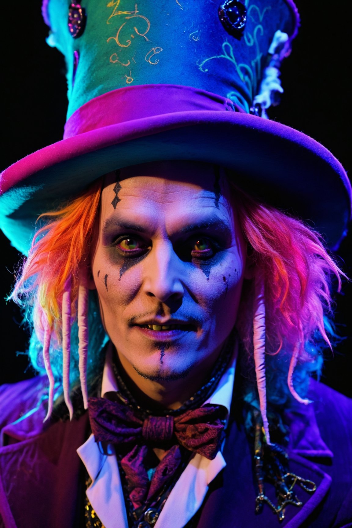 more detail XL,Movie Still,portrait young Johnny Depp mad hatter with blacklight makeup, (crazy:1.4), smirk, alice in wonderland, (deep detailed wonderland background:1.2), rim light, dark light, low light, cold colors, surreal art, portrait, creepy, horror, (vibrant colors:1.4), vivid colors, colored hair, wind hair, (huge hat:1.2),blacklight makeup