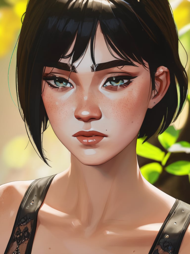 beautiful age 18 girl, rcane, short black hair, freckles, sexy, beautiful,  dslr, 8k, 4k, natural skin, textured skin,arcane