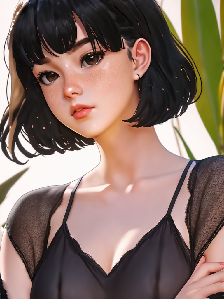 art by arcane anime screencap of a beautiful age 18 girl, short black hair, freckles, sexy, beautiful,  dslr, 8k, 4k, natural skin, textured skin