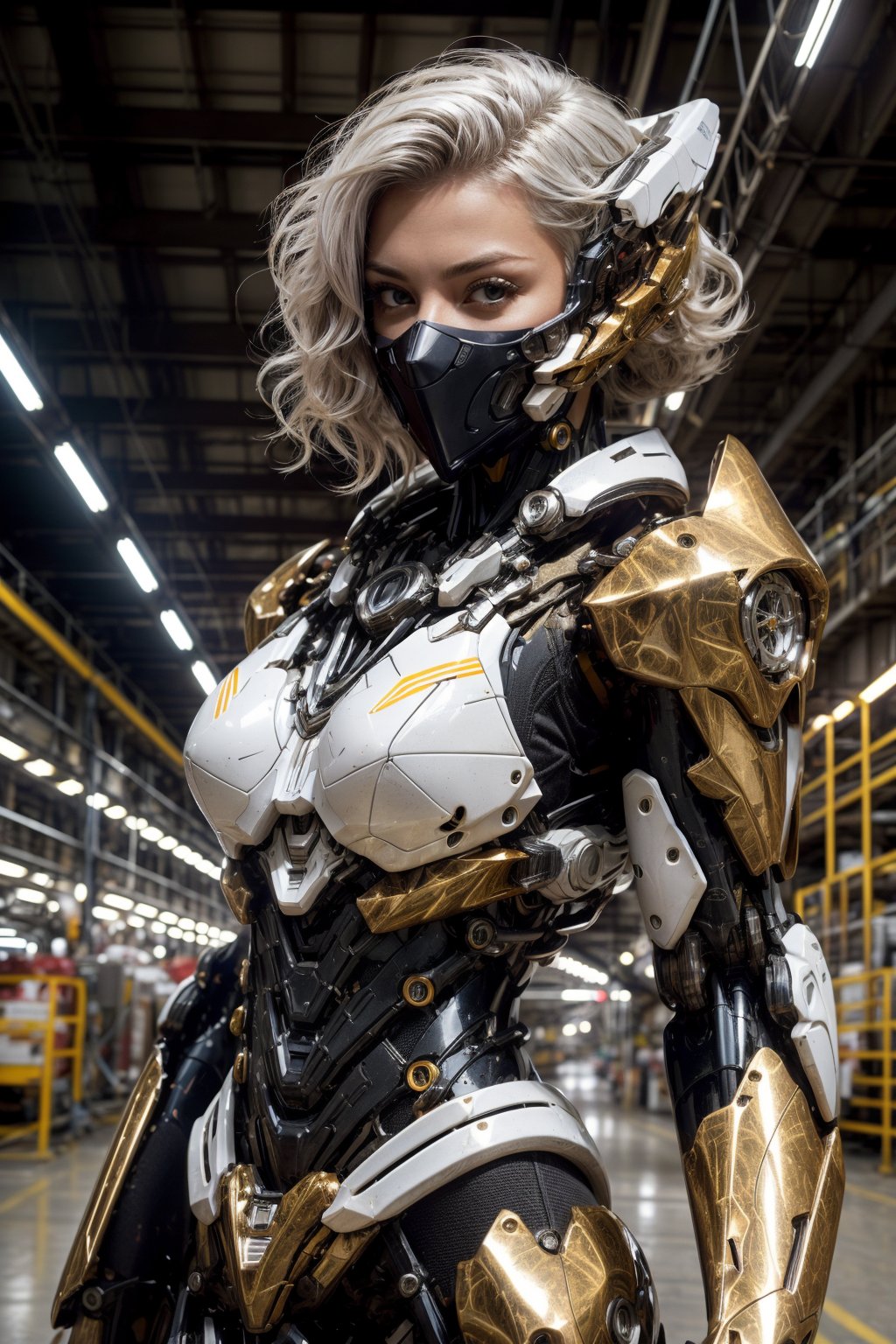 mecha musume, face mask, upper body, underboob, portrait, robot,white orange armor, white shimmering hair, neon light, 8K, RAW, best quality, masterpiece, ultra high res, colorful, (medium wide shot), (dynamic perspective), sharp focus ,depth of field, extremely detailed eyes and face, beautiful detailed eyes,large breasts,(black gold, trimmed gear:1.2),(In a futuristic weapons factory:1.2), ((masterpiece, best quality)), Detailed background, spaceship interior