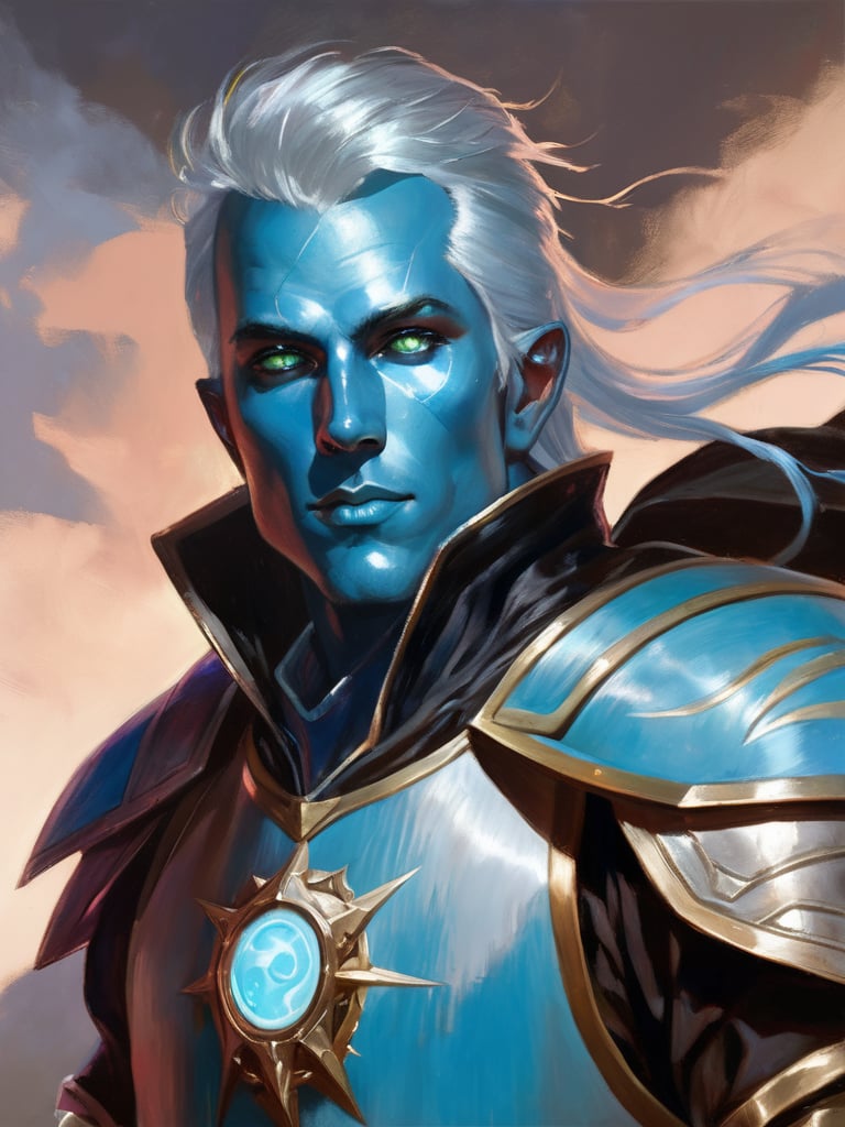 masterpiece, best quality, greg rutkowski, 

Dungeons and Dragons Air Genasi, Paladin, Portrait from Waistline to Top of Head, Male with Wispy Grey Hair with Baby Blue Highlights, male, pointy Ears, Long Length Male Hair, Heterochromia Grey Eye and Green Eye, Storm in Background, Sharp Image Detail, Light Blue and Silver Armor, (Colored Skin, Blue Skin:1.2)

, very detailed, high resolution, sharp, sharp image, 4k, 8k,