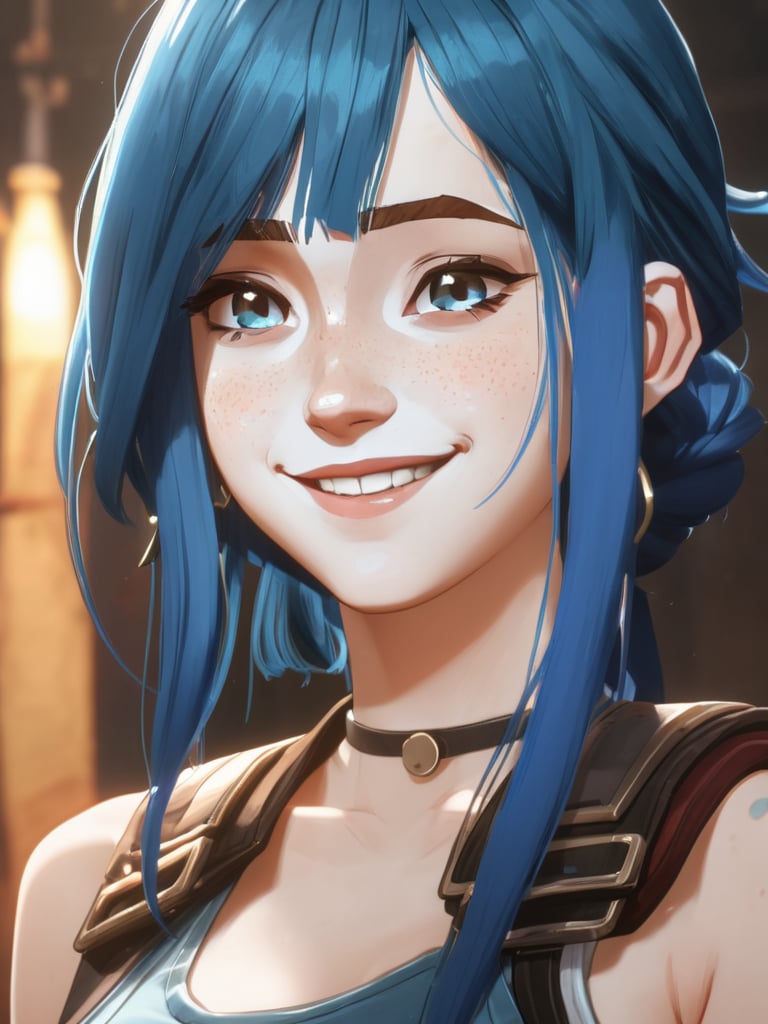 beautiful age 18 girl, arcane, blue hair, freckles, sexy, beautiful,  dslr, 8k, 4k, natural skin, textured skin, sadistic smile