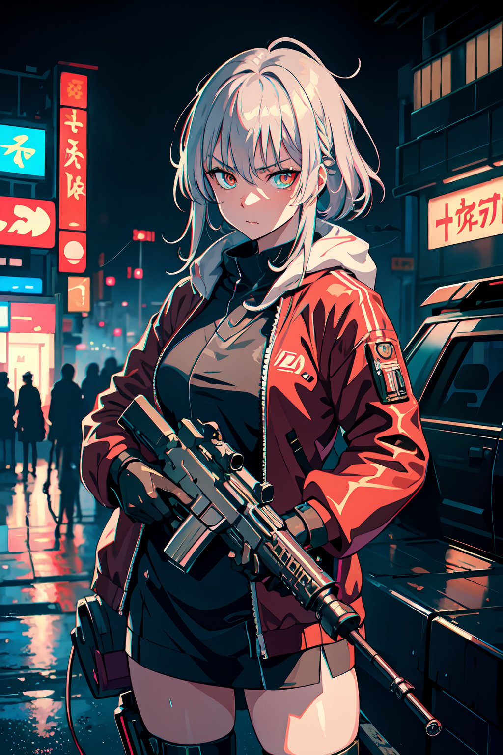 best quality, painting, cyberpunk anime, (intense_angle:0.6), standing, wet ((female_battle_android)), 20 years old, medium_hair, small_breast, (anger vein), ((diamond_shaped_pupils)), (looking to viewer), detailed eyes, mechanical_parts, (flush:1.3), (shimmer iridescent silver hair), motion_lines, face in focus, dim colors, HD, intridicated, ultra detailed cyberpunk rainy background, highly detailed, (by Kawase Hasui:1.3),CGSociety,ArtStation, m4a1 gun in hand,