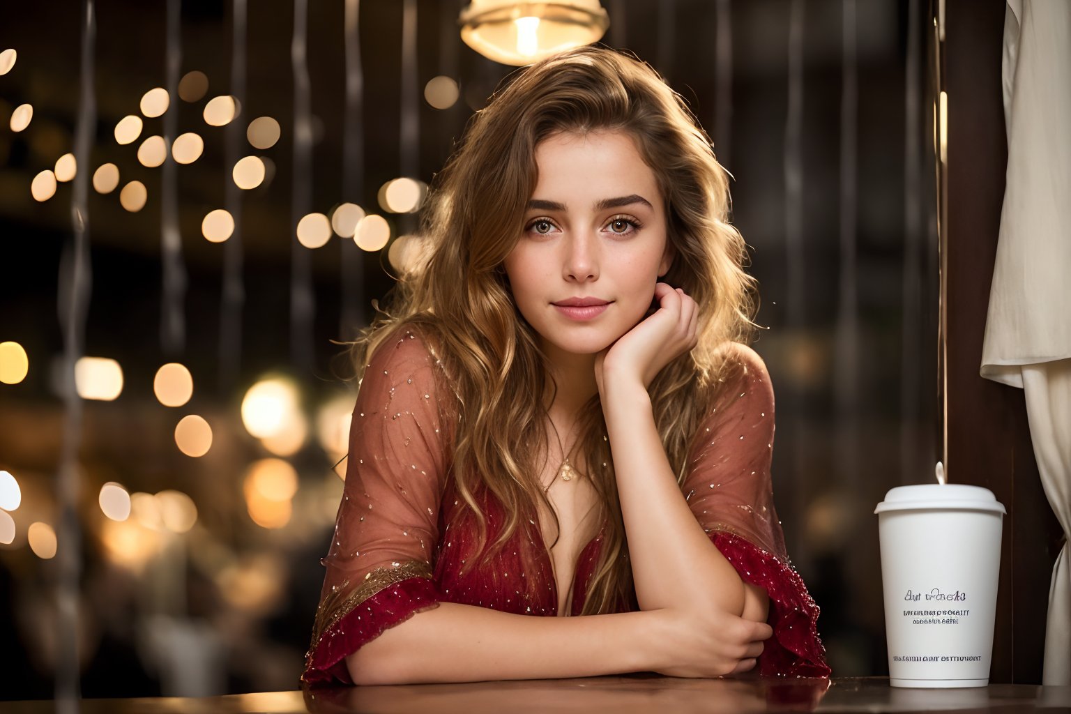 (((full body view:1.2))), stunningly beautiful "kashmiri" (((extremely innocent face ))), wild hair, ((best quality)), ((masterpiece)), (detailed), ana de armas, highly detailed HDR photo, 8k quality, best quality, high resolution ultra photorealistic, high definition, highly detailed photo, photon mapping, dynamic angle, professional lighting, highly detailed face and body,expressive eyes, perfectly detailed face, smile, gorgeous face, real skin details, soft skin, looking at viewer, raw, photorealistic, real, perfect skin, real skin, realistic photo of a mid body shot, , extremely innocent face, very beautiful, cheerful, laughing, clever naughty smile, , she is wearing a loose red color gown, she smile like gentle love goddess, very long tresses, golden hair, brown hair, expressive face, divine eyes,, Wide-angle view of a pretty fashion model looking at the camera, expressing a complaint as if it's our fault, sad and thoughtful, sipping coffee in a dark, cozy coffee shop with rain outside, vibrant ambience, lively atmosphere, adorned with fairy lights and candles, captured in photorealistic detail with real skin textures, soft lighting, and presented as an absurdres masterpiece.