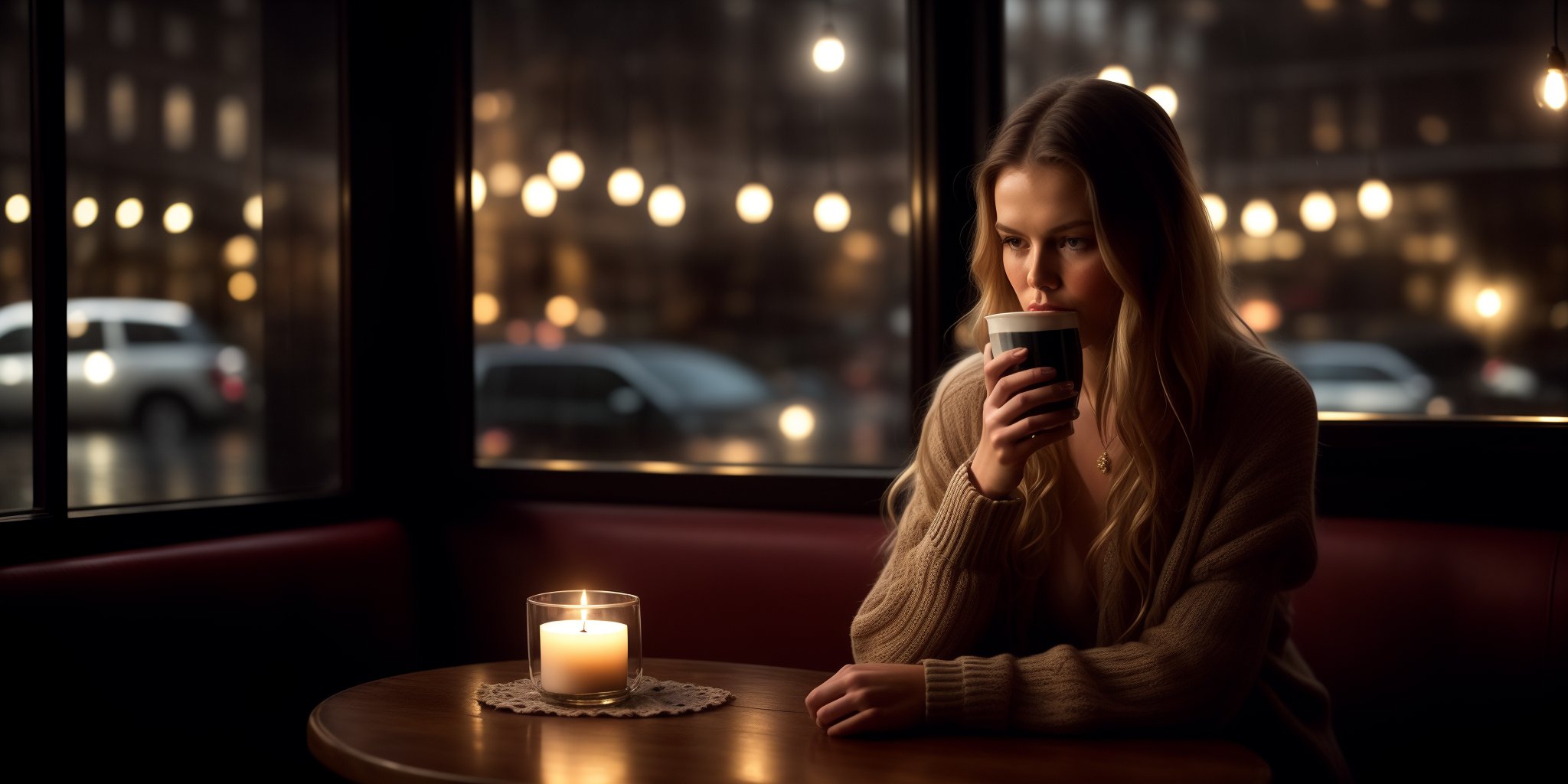 Wide-angle view of a pretty fashion model looking at the camera, expressing a complaint as if it's our fault, sad and thoughtful, sipping coffee in a dark, cozy coffee shop with rain outside, vibrant ambience, lively atmosphere, adorned with fairy lights and candles, captured in photorealistic detail with real skin textures, soft lighting, and presented as an absurdres masterpiece.