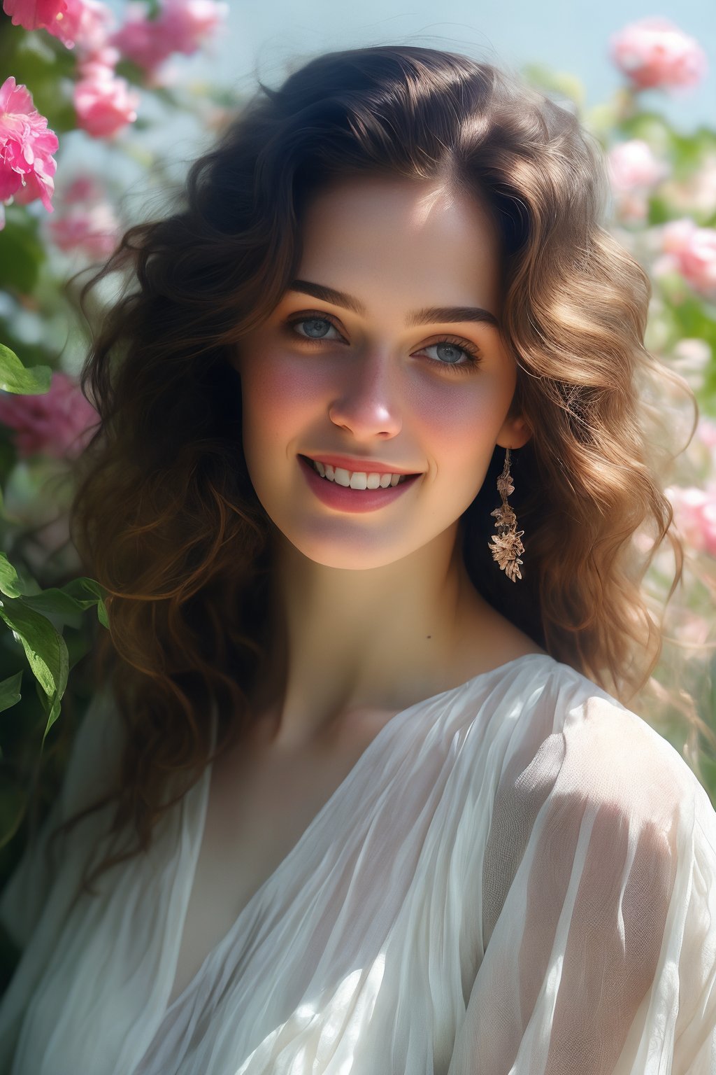  Raw, photorealistic, real, perfect skin, realistic photo of a 18-year-old girl with an extremely innocent face, divine eyes,  smooth hair, brown  tresses,   shy, embodying a gentle love goddess,   wearing full covered indian blouse,   in a garden, morning, cheerful, smiling, happy, surrounded by flowers &  fairy lights, looking up, a phenomenal image of sharp, perfect quality,   captured in beautyniji style.,Photorealistic, Beautiful woman,s_light, soft light from top