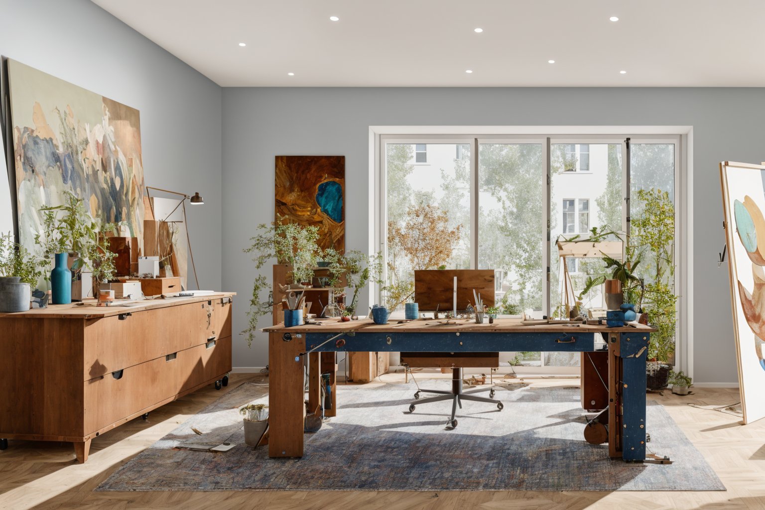  A studio for an artist who is working on fineart paintings on easel, a creative desk, laptop, ipad. lap. lights, plants, window blinds,EnvyMix,Fantexi,analog style